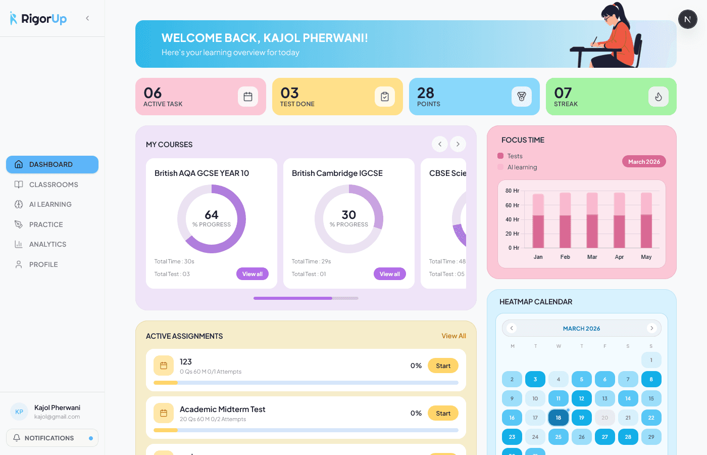 Student dashboard preview showing welcome panel, analytics, assignments, and activity calendar