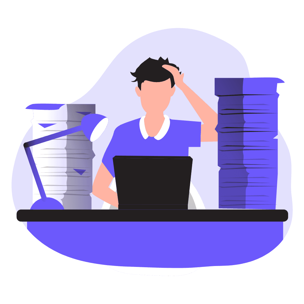 Teacher overwhelmed with paperwork at a desk